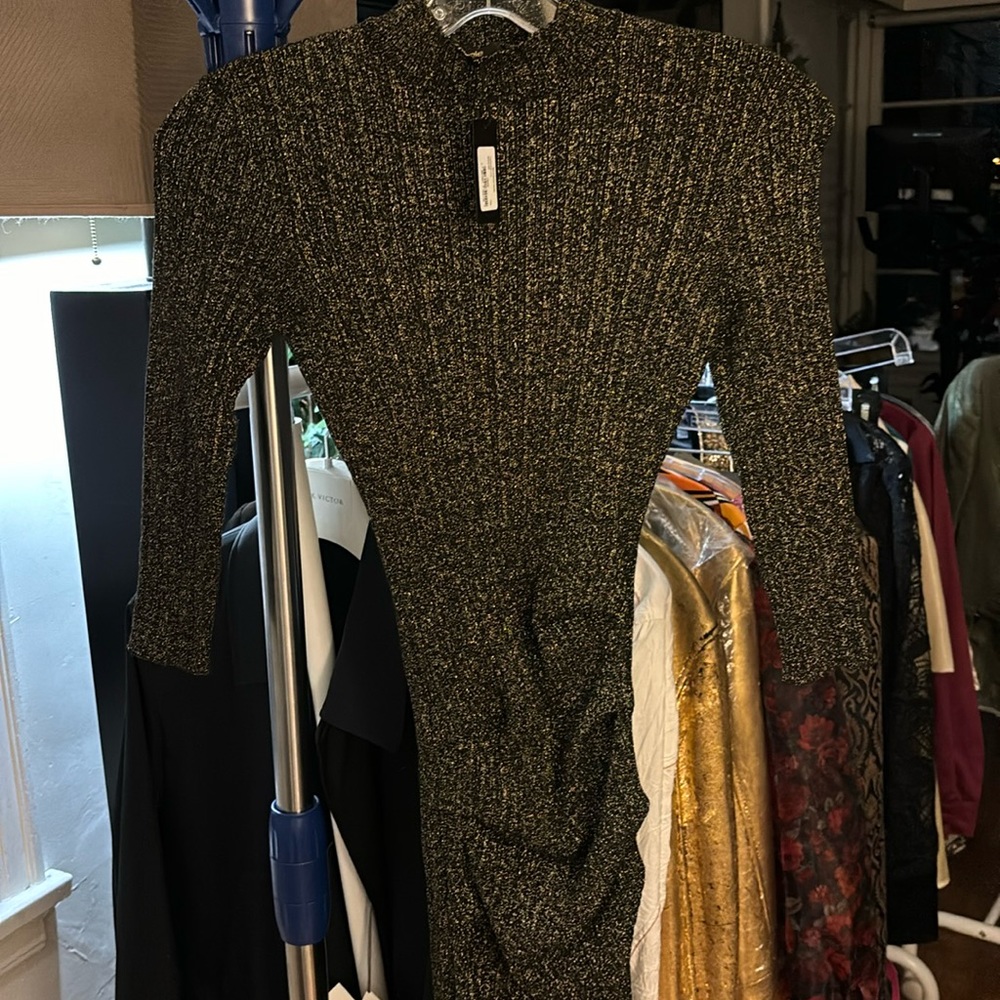 MAJE Black with gold glitter ruched short jumper dress, size 36 NWT